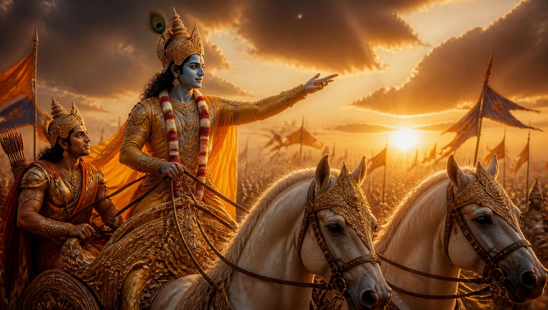 Krishna guiding Arjuna on the chariot at Kurukshetra