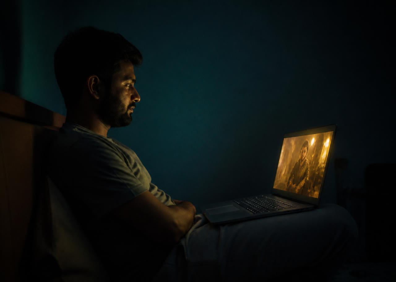 A person watching the Bhagavad Gita Movie live on a laptop at home